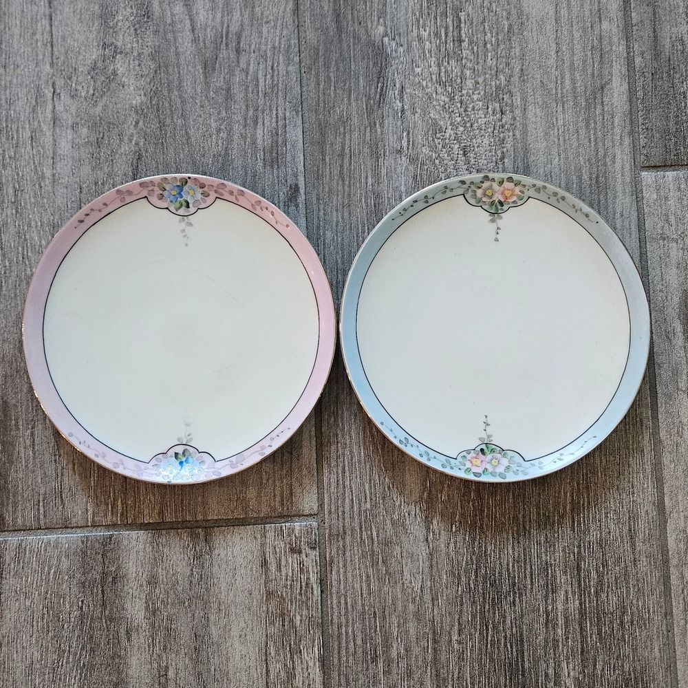 Vintage Meito China Bread Butter Plates Set of 2 Pink Blue Floral Gold Rim 6.5"